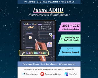 2026 & 2027 ADHD Digital Planner (Dark Rainbow): Self-Care and Habit Tracker (iPad, Android)