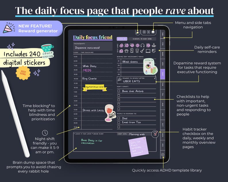 2026 ADHD Digital Planner (Dark Rainbow): Self-Care and Habit Tracker (iPad, Android) image 6
