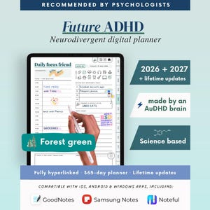 Forest Green ADHD Digital Planner (2026-2027) – Self-Care Tracker (Digital Download)