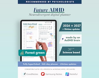 Forest Green ADHD Digital Planner (2026-2027) – Self-Care Tracker (Digital Download)