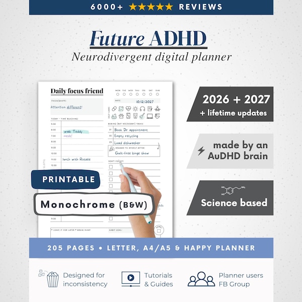 Agenda imprimible para TDAH 2026 y 2027 (monocromo) y en blanco y negro, diario para adultos con TDAH (PDF).