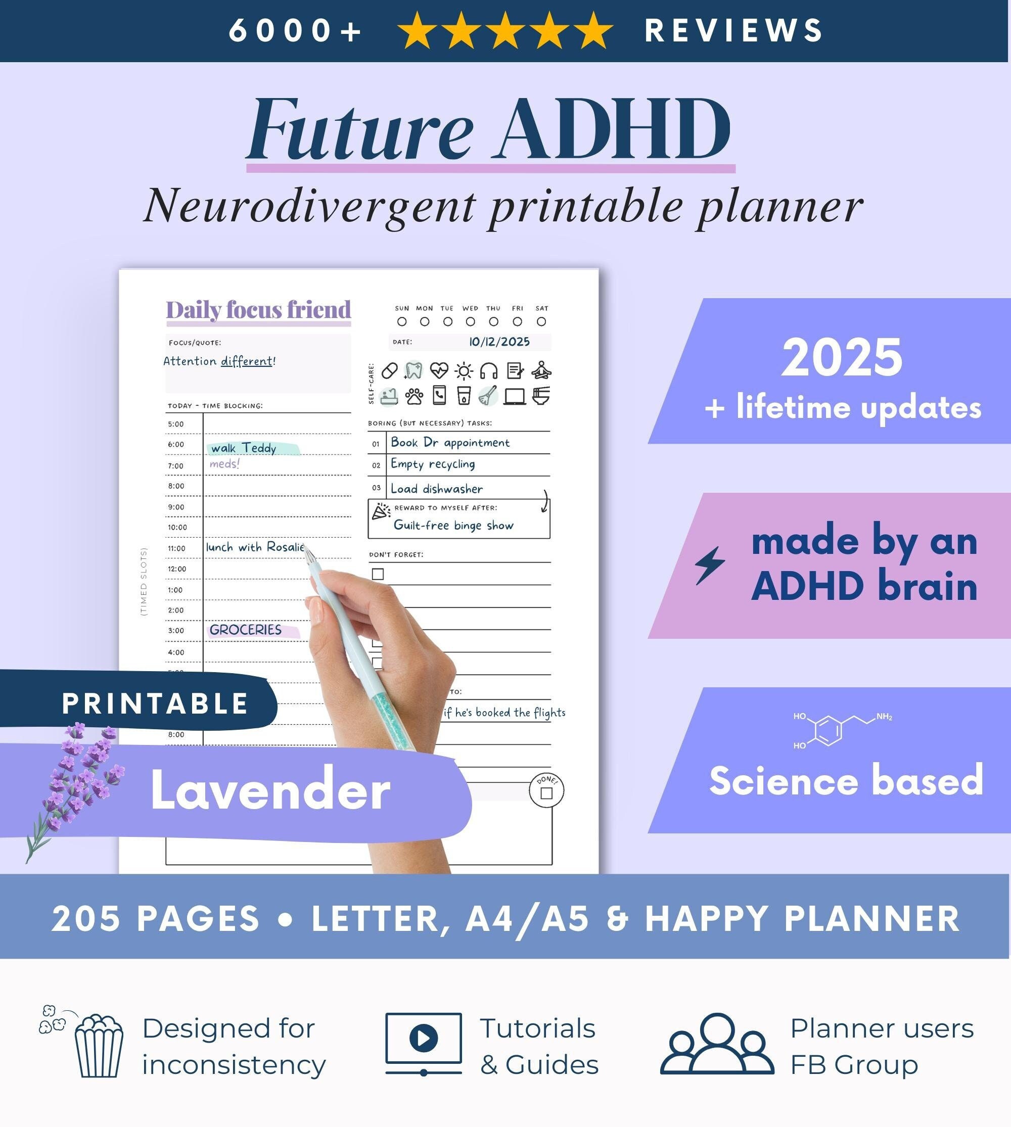 ADHD 印刷可能プランナー (ADHD 患者が作成) - 成人向け ADHD ワークブック、オーガナイザー、デイリープランナー、セルフケアと成長マインドセットのページ。科学に基づいています。