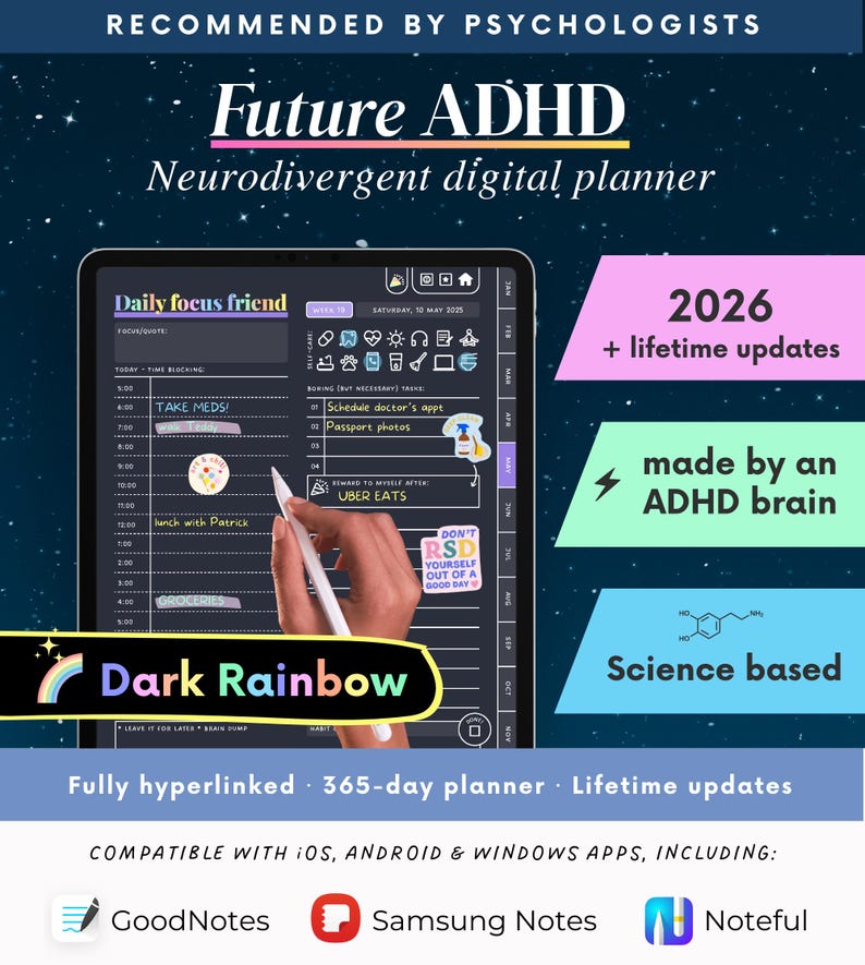 2026 ADHD Digital Planner (Dark Rainbow): Self-Care and Habit Tracker (iPad, Android) image 1