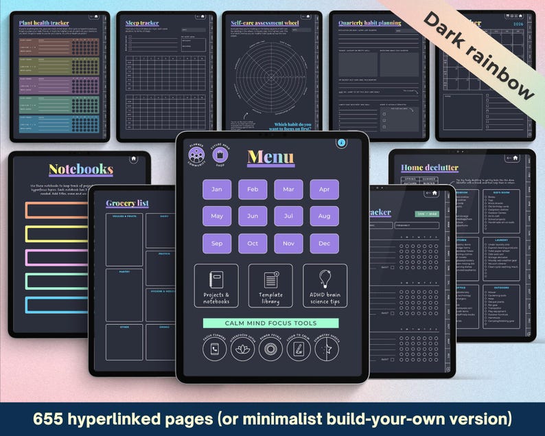 2026 ADHD Digital Planner (Dark Rainbow): Self-Care and Habit Tracker (iPad, Android) image 5