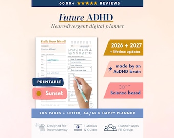 2026 + 2027 ADHD Printable Planner (Sunset) Adult Daily Journal, Self-Care (PDF)