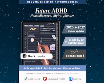 Dark Mode ADHD Digital Planner (2026-2027), Self-Care Tracker (Digital Download)