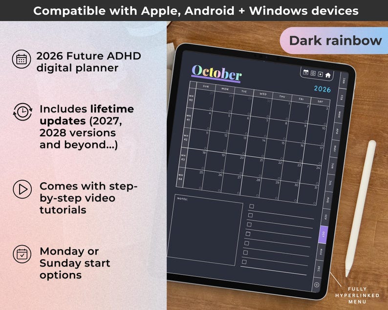 2026 ADHD Digital Planner (Dark Rainbow): Self-Care and Habit Tracker (iPad, Android) image 3