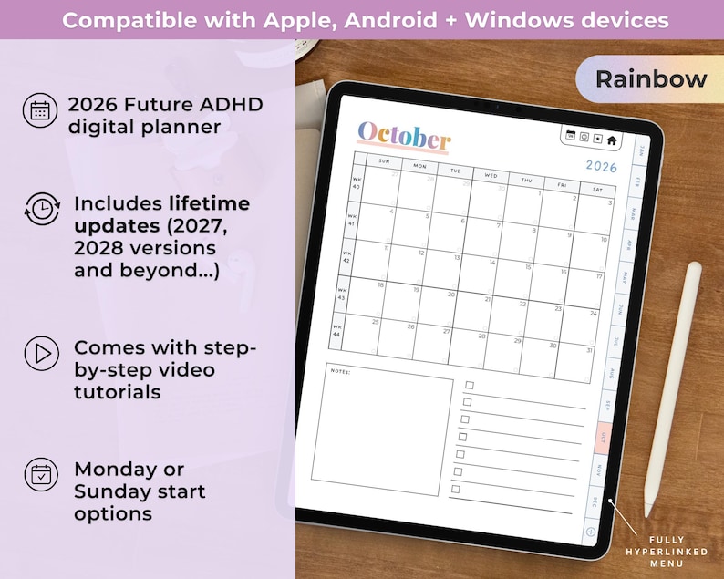 2026 ADHD Digital Planner (Rainbow): Self-Care and Habit Tracker (Goodnotes/Android) (Digital Download) image 3