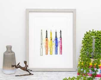 Lamy Fountain Pen Watercolour Art Print, Colourful Sketch