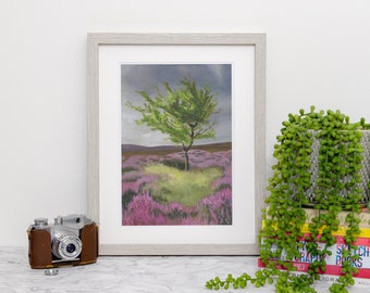 Yorkshire Dales Art Print, Krajobraz wrzosowisk, Fioletowy wrzos, Malarstwo gwaszowe