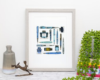 Stampa artistica con penna stilografica blu, schizzo a penna, acquerello