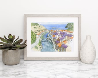 Staithes, North Yorkshire, stampa artistica costiera ad acquerello