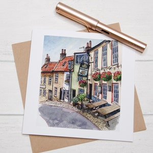 Robin Hoods Bay, carte de voeux vierge, Yorkshire du Nord, aquarelle, illustration, cadeau bord de mer britannique, littoral, art du paysage, dessin