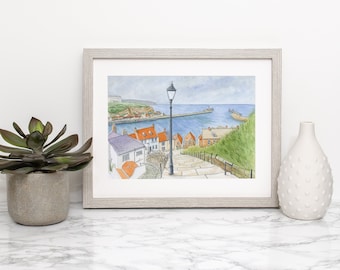 Stampa giclée ad acquerello di Whitby 199 Steps, arte del paesaggio costiero