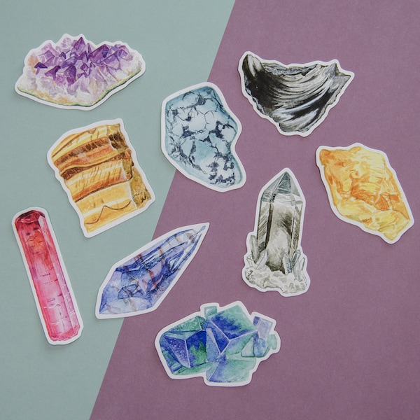 9 Gemstone Stickers, Crystals, Minerals, Waterproof, Laptop, Sticker Set, Watercolor, Gemstone, Healing Crystals, Journal, Decal