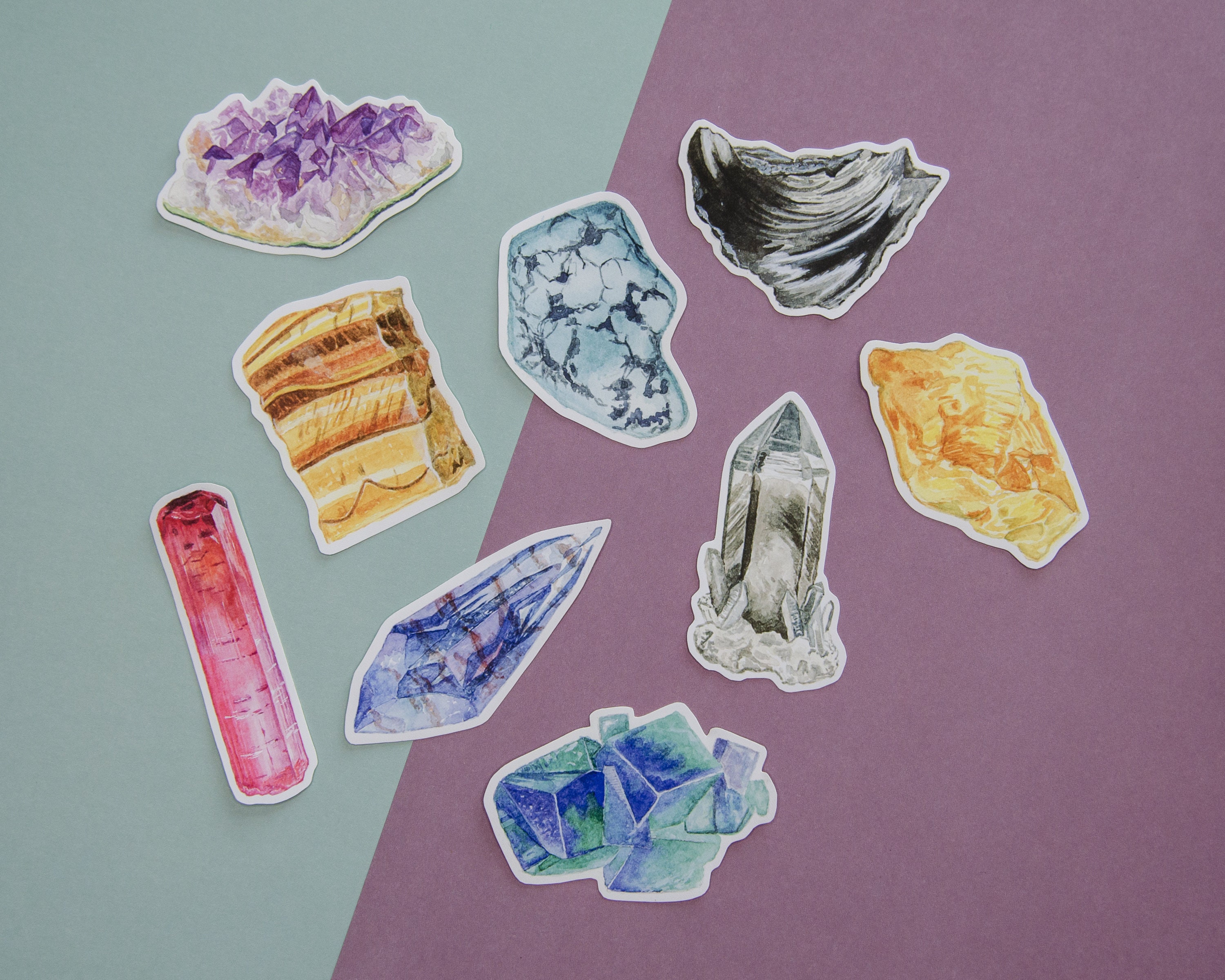 9 Gemstone Stickers, Crystals, Minerals, Waterproof, Laptop, Sticker Set, Watercolor, Gemstone, Healing Crystals, Journal, Decal