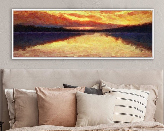 Sunset Lake Wall Art, Impressionist Oil Landscape Painting - Large Gallery Wrapped Canvas Wall Art Prints With Or Without Floating Frames