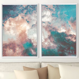 Clouds, celestial oil painting on canvas - set of 2 ready to hang large gallery wrap canvas wall art prints with or without floating frames.