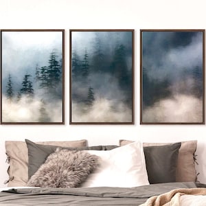Misty Mountain Forest Triptych – Extra Large Gallery Wrapped Canvas Wall Art
