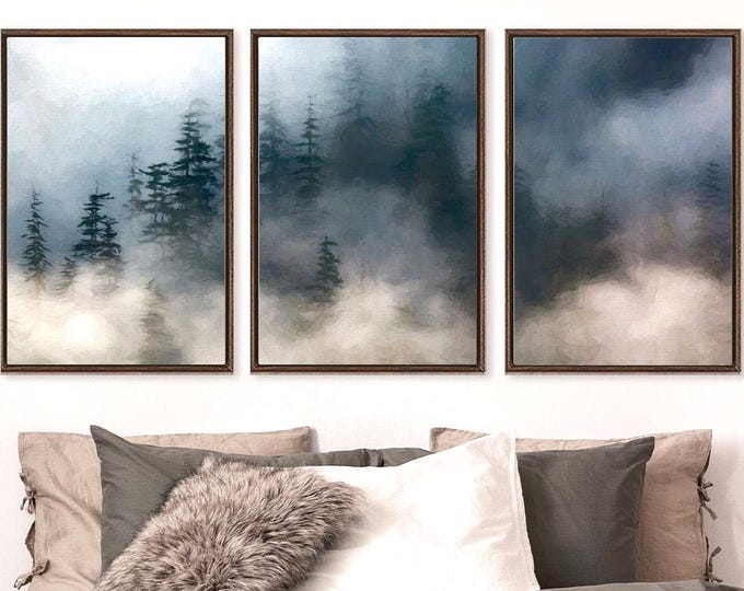 Misty Mountain Forest Triptych – Extra Large Gallery Wrapped Canvas Wall Art