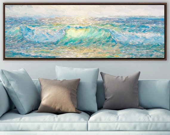 Wave, Ocean Wall Art, Impressionist Oil Painting On Canvas - Ready To Hang Large Panoramic Canvas Wall Art Print With Or Without Float Frame