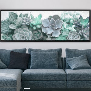 Succulent Wall Art, Oil Painting On Canvas - Large Teal And Blue Botanical Gallery Wrap Canvas Wall Art Print With Or Without Floater Frame.