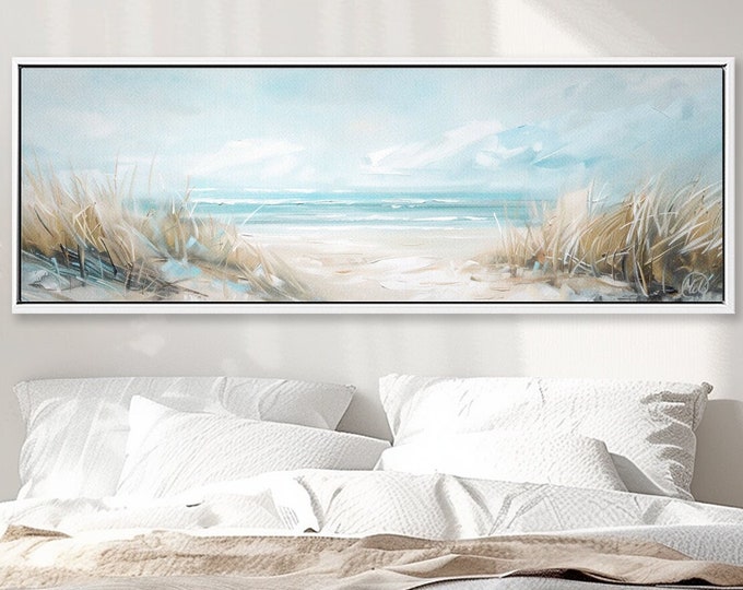 Serene Beach Scene with Dune Grasses - Panoramic Coastal Canvas Wall Art