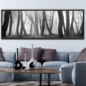 Black And White Watercolor Forest Landscape - Ready To Hang Large Minimalist Gallery Wrap Canvas Wall Art Prints With Or Without Float Frame