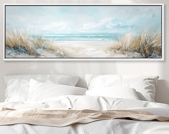 Dune Whispers: Panoramic Coastal Canvas Painting Printed on Canvas. Cottagecore Blue Wall Art.