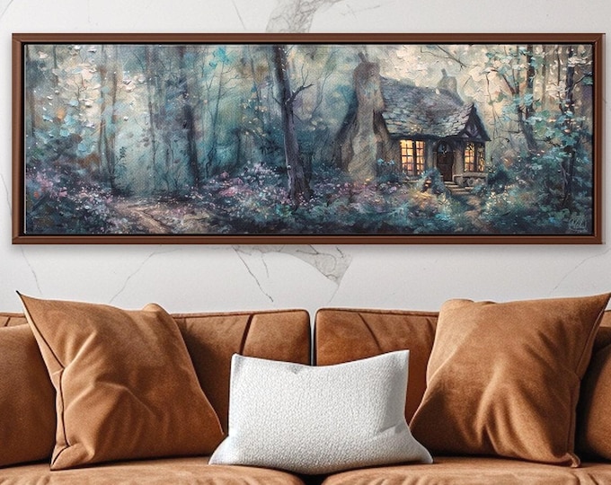 Forest Hut Panoramic Canvas Print: Gothic Dark Academia Wall Art