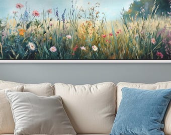 Blumenwiese Leinwand – Große Blüten Wandbild, Cottagecore Deko, Rustikale Blumen Kunst für Wohnzimmer