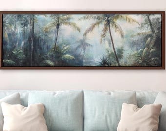 Tropical Forest in the Rain Panoramic Wall Art | Misty Jungle Canvas Print | Green Rainforest Landscape | Large Serene Nature Decor