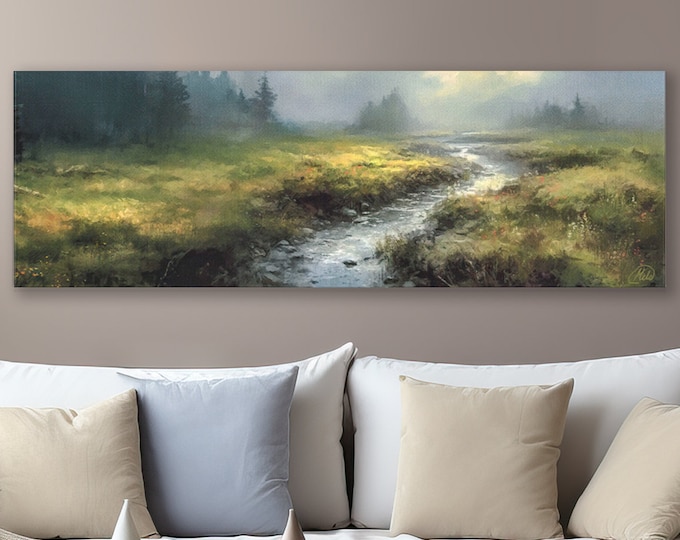 Meadow Stream Canvas Print: Grassy Field Landscape Wall Art