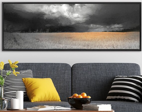 Burnt Orange And Gray Oil Landscape Painting On Canvas - Ready To Hang Large Panoramic Canvas Wall Art Print, With Or Without Floater Frame.