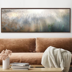 Foggy Mountain Forest, Oil Landscape Painting On Canvas - Ready To Hang Large Panoramic Canvas Wall Art Print With Or Without Floating Frame