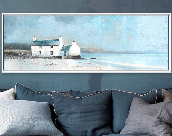 Lonely White English Cottage on the Beach - Panoramic Canvas Art Print