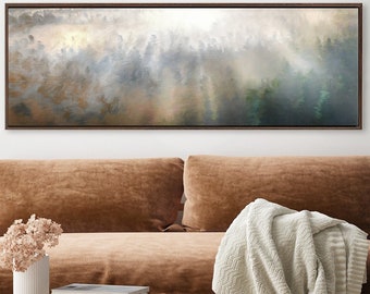 Foggy Mountain Forest, Oil Landscape Painting On Canvas - Ready To Hang Large Panoramic Canvas Wall Art Print With Or Without Floating Frame