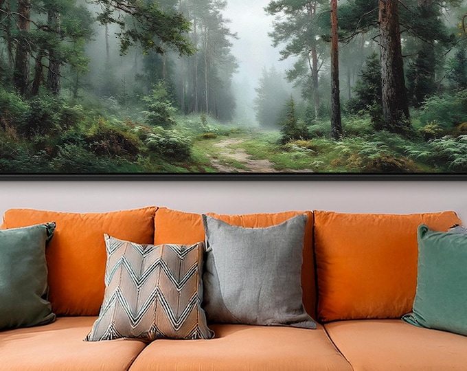 Mossy Forest Path Wall Art – Panoramic Landscape Canvas Print with Frame Option