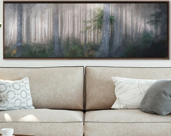 Foggy Forest, Oil Landscape Painting On Canvas - Ready To Hang Large Panoramic Canvas Wall Art Print With Or Without External Floater Frame.