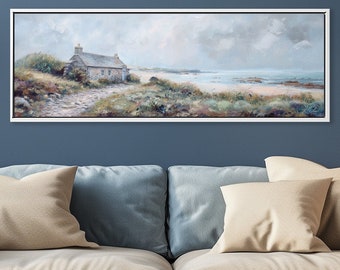 Coastal Cottage Charm: Panoramic Coastal Landscape Canvas Print, Cottagecore Ocean Wall Art