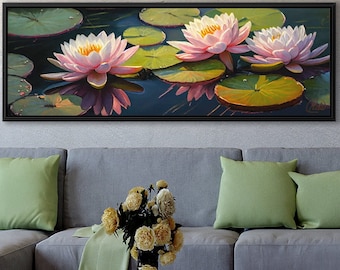 Water Lilies Flowers Wall Art, Oil Painting On Canvas By Mela - Large Gallery Wrapped Canvas Wall Art Prints With Or Without Floating Frames