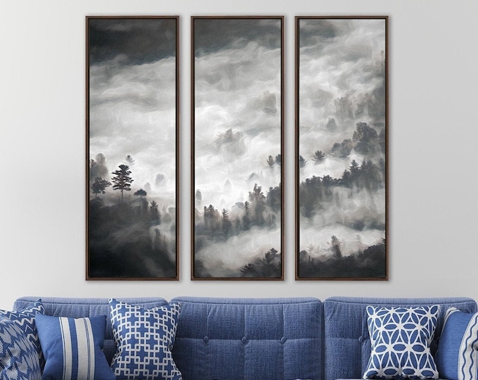 Foggy Mountain Forest Triptych: 3 Piece Extra Large Gray Canvas Wall Art