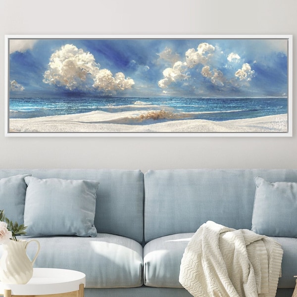 Blue Coastal Wall Art, Oil Landscape Painting On Canvas By Mela - Large Gallery Wrapped Canvas Wall Art Print With Or Without Floating Frame