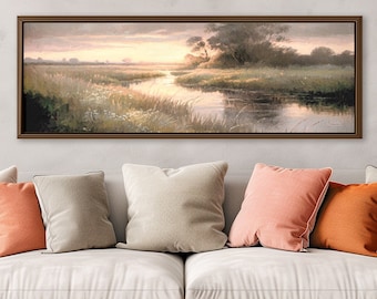 Sunset Meadow Reflections Panoramic Canvas Print - Peaceful Landscape Art