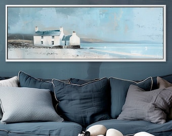 Coastal Serenity - Beach Wall Art, Oil Painting Printed on Canvas, Seaside Cottage Core, Calming Blue Wall Art