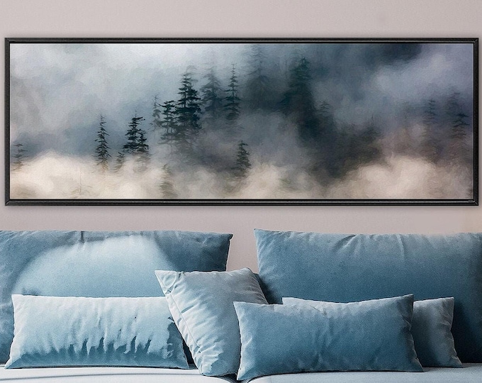 Foggy Mountain Forest Landscape Canvas Print: Ready to Hang Large Panoramic Wall Art