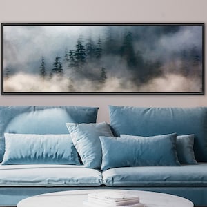 Foggy Mountain Forest, Landscape Print On Canvas - Ready To Hang Large Panoramic Canvas Wall Art Print With Or Without Floating Frame