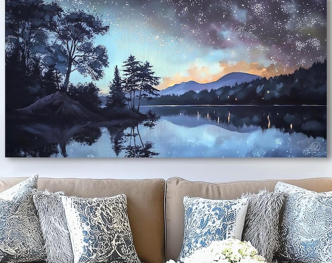 Starry Night Lake Canvas – Twilight Landscape Wall Art with Dark Forest Scene