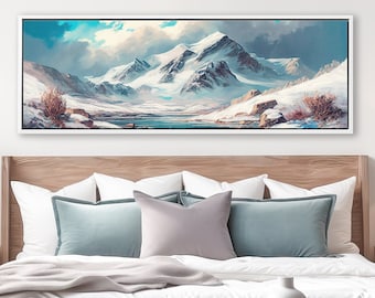 Mountain Wall Art: Oil Painting, Nature Inspired Decor, Above Bed Art Work Painting, Panoramic Canvas Print With or Without Floating Frames.