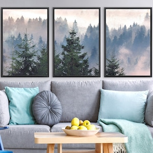 Misty Mountain Forest. Large Landscape Wall Art- Set Of 3 Gallery Wrap Canvas Wall Art Prints With Or Without Floater Frames.